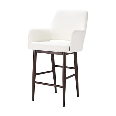 Tabouret rembourré en PU noir avec cadre en métal noyer – Tabouret à dossier haut avec accoudoirs, repose-pieds, assise robuste et confortable pour bars, cuisines et espaces contemporains, style milie