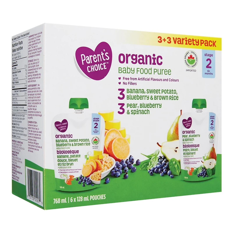 Parent’s Choice 3+3 Variety Pack Baby Food Purée, 768 mL (6 x 128 mL POUCHES)