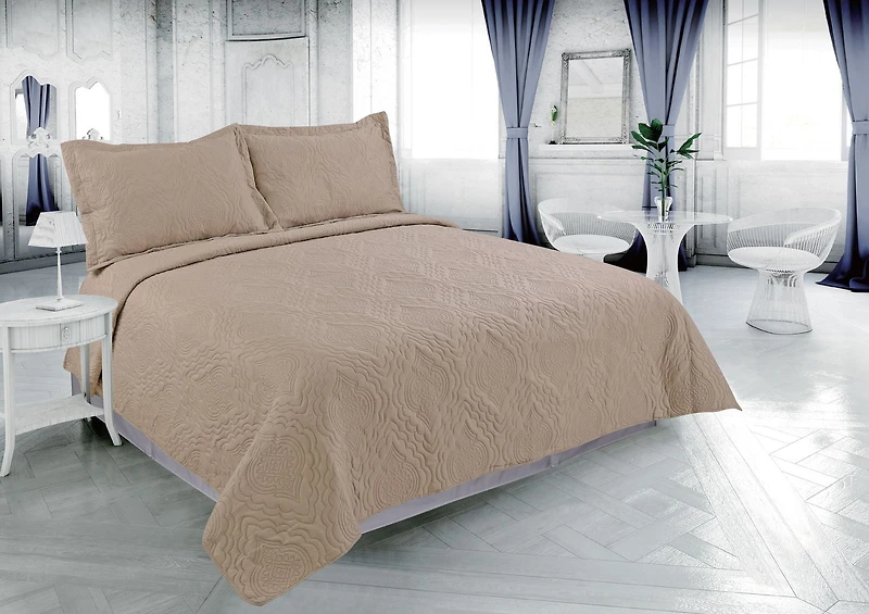 Marina Decoration Solid Embossed Pinsonic Coverlet Bedspread Bedding Ultra Soft Summer Quilt Set with Shams, Taupe Color