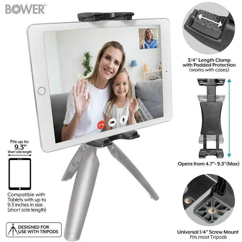 BOWER - SUPPORT DE TRÉPIED AVEC INCLINAISON À 45 DEGRÉS CONÇU POUR TÉLÉPHONES ET TABLETTES