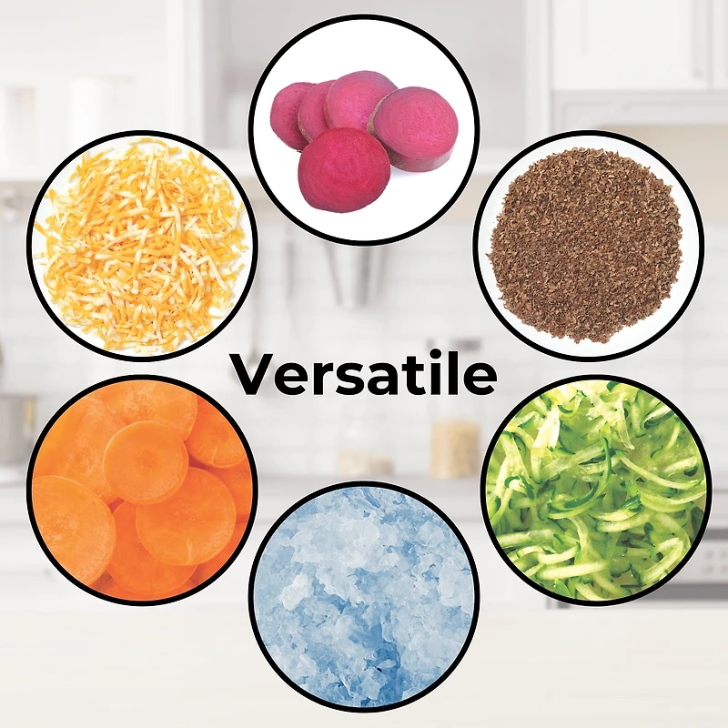 Starfrit Râpe à Tambour Avec 4 Barillets en Inox Interchangeables, Lames Ultra Tranchantes, Base Ventouse Stable, Poussoir Sécuritaire, Parfaite Pour Râper Et Trancher Légumes, Fromage, Glace Râpée Râpez, tranchez ou râpez finement avec la râpe rotative Starfrit. Comprend 3 barillets en acier inoxydable, base ventouse et poussoir sécuritaire. Aucun assemblage requis. Parfait pour légumes, fromages, chocolat, glace et plus!