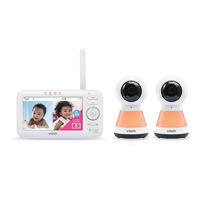 VTech VM5255-2 Moniteur de bébé vidéo numérique à balayage panoramique de 5 po à 2 caméras avec veilleuse (Blanc)