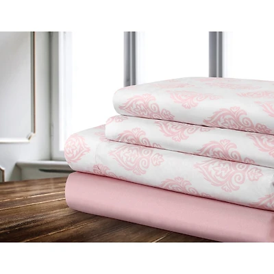 Safdie & Co. Sheet Set Microfiber 4PC K Damask Printed Solid Pink