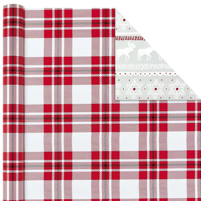 Paquet de papier d'emballage Hallmark des fêtes, motif rustique de Noël (Paquet de 3, 120 pieds carrés au total), motif écossais, ferme, camionnette rouge, orignal, paysage boisé