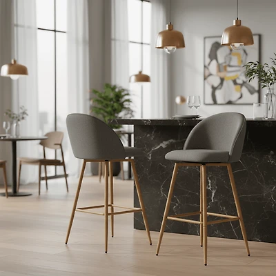 Homy Casa Set of 2 Modern Barstools with Fabric Upholstery and Wooden Legs - 26 in. Seat Height