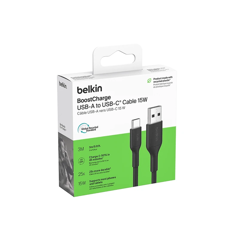 Belkin BoostCharge Eco USB A to USB C Cable (3M/9.8ft. 15W) - Soft, Flexible Fast Charging Cable, Type C Charger Cord for iPhone 16 & 15 Series, Galaxy S25, Pixel 9, iPad Pro, & More - Black (USB 2.0)