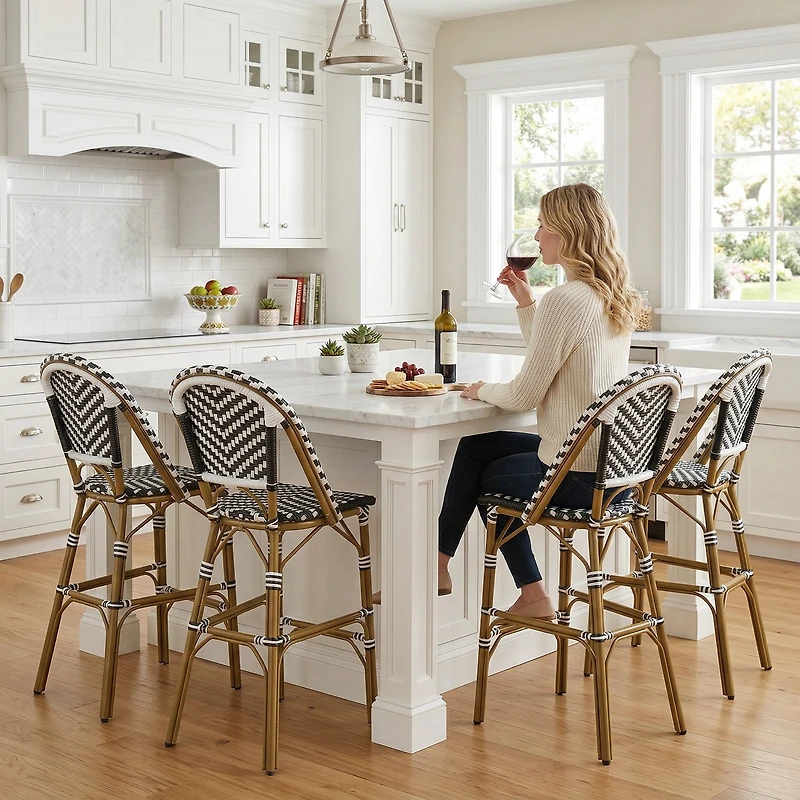 Noble House Outdoor Bar Stools Set of 4,PE Rattan French Barstool,Black+White