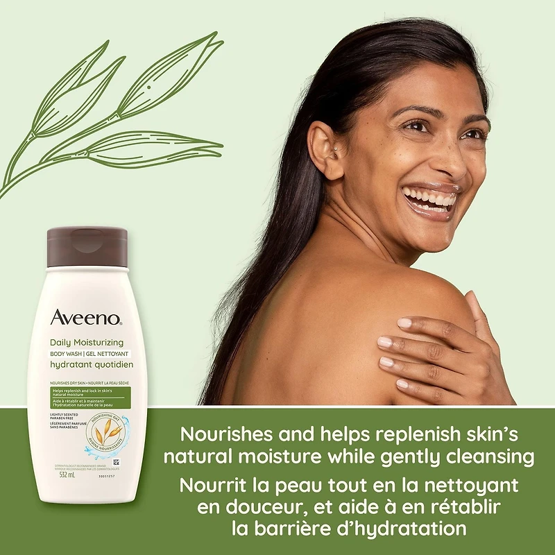 Aveeno Daily Moisturizing Body Wash for Dry, Sensitive Skin with Prebiotic Oat, Hydrating Oat Body Wash Nourishes Dry Skin & Gently Cleanses, Light Fragrance, Sulfate-Free, 532 mL