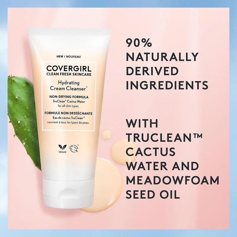 COVERGIRL Clean Fresh Skincare Hydrating Cream Cleanser™, Nettoyant avec eau de cactus et huile de graines de Meadowfoam, 100% Végétalien & Sans Cruauté Nettoyant hydratant