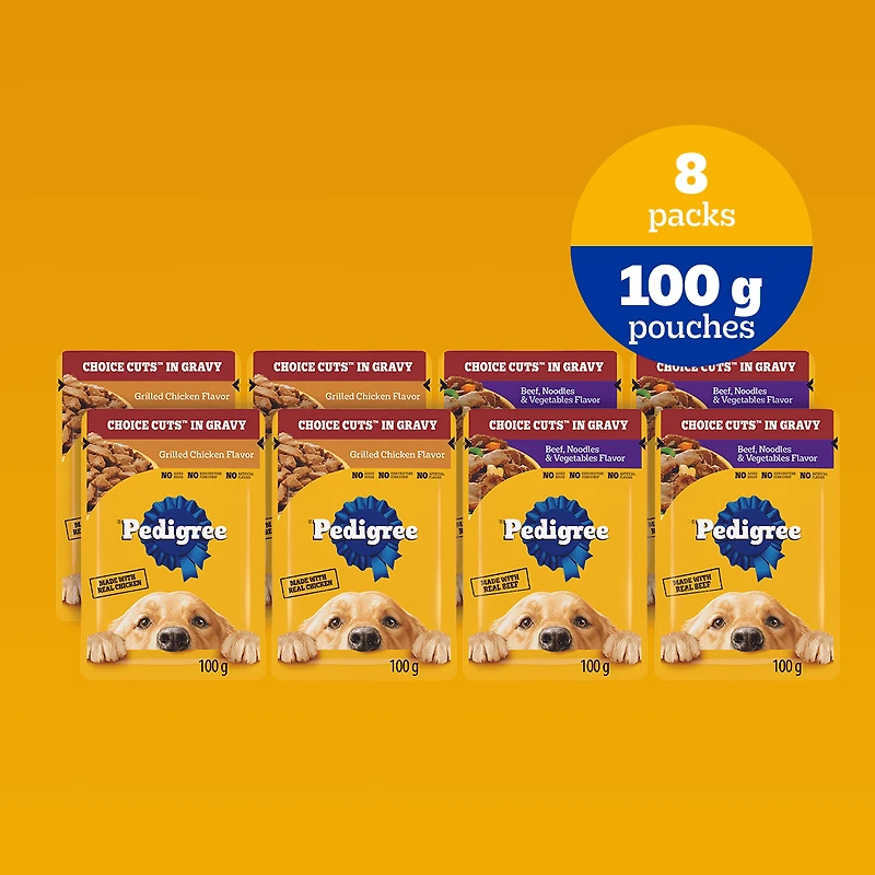Nourriture humide pour chiens adultes PEDIGREE COUPES DE CHOIX AU JUS saveur de bœuf, nouilles et légumes et saveur de poulet grillé en format variété