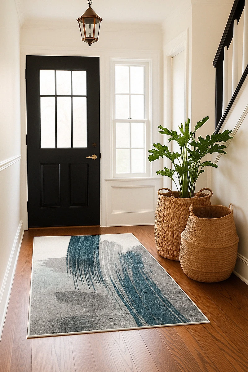 Tapis d'intérieur scandinave Rug Branch Nova 2' x 5' (taille exacte : 2'3" 5'), bleu et blanc, contemporain - Entrée, couloir, salle de bain cuisine