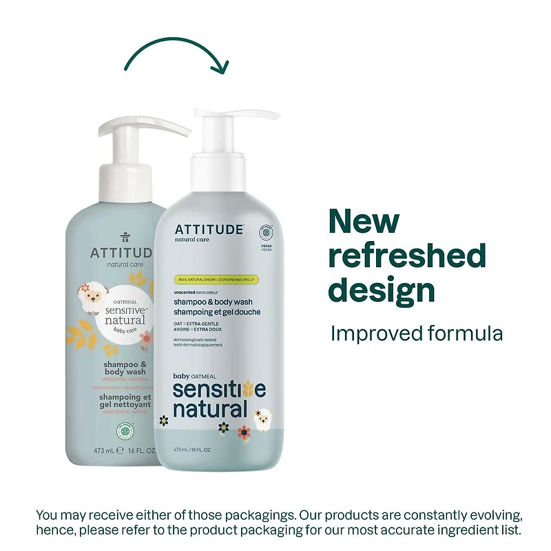 ATTITUDE baby oatmeal sensitive natural, Shampoing et Gel Douche, Sans Odeur, 473 mL