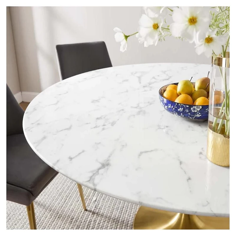 Sleek and Glamorous Damen Brass Faux Marble (Stone) Dining Table, – A Luxurious Blend of Modern Elegance and Timeless Design, Featuring a Stunning Brass Finish and Faux Marble Top