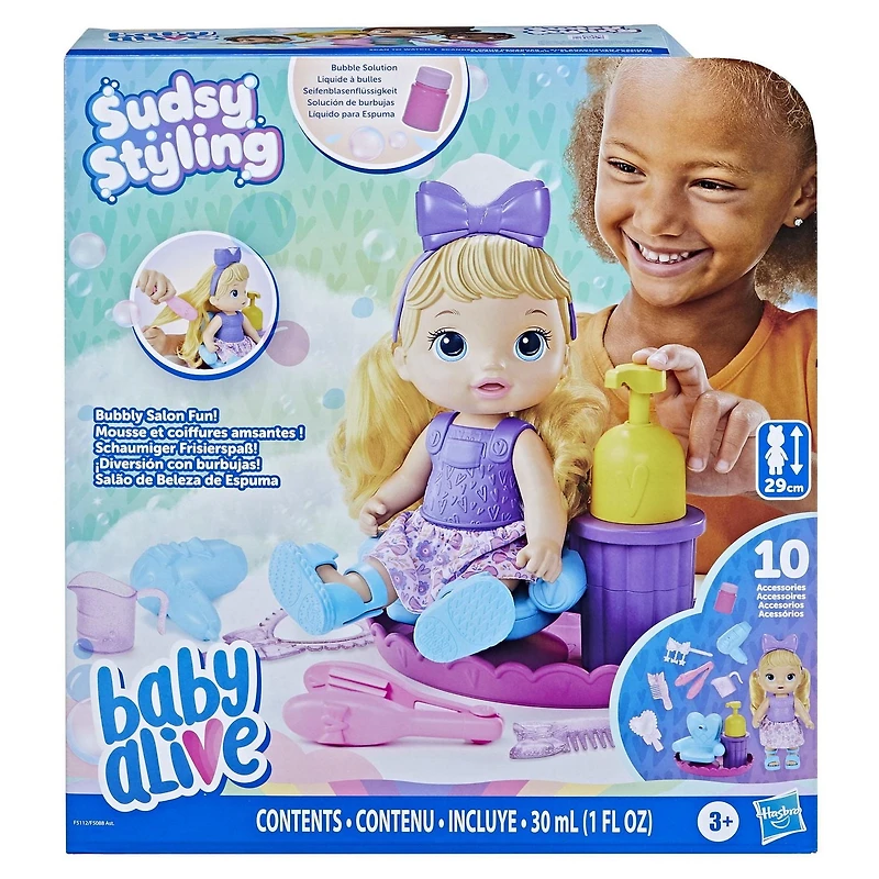 Baby Alive Sudsy Styling, poupée de 30 cm, dès 3 ans, accessoires de salon de coiffure pour poupée, liquide à bulles, cheveux blonds À partir de 3 ans