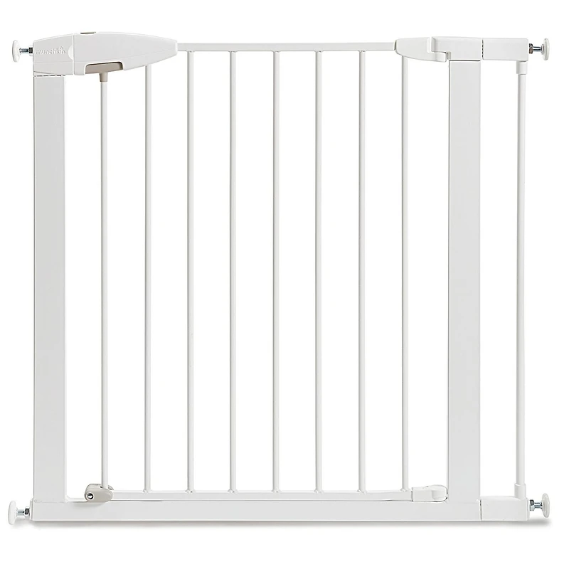 Munchkin Easy Close Barrière de bébé montée par pression pour escaliers, couloirs et portes, passage avec porte, 29" de haut et 29,5" à 35" de large, comprend (1) rallonge de 2,75", métal, blanc Porte bébé