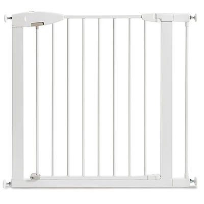 Munchkin Easy Close Barrière de bébé montée par pression pour escaliers, couloirs et portes, passage avec porte, 29" de haut et 29,5" à 35" de large, comprend (1) rallonge de 2,75", métal, blanc Porte bébé