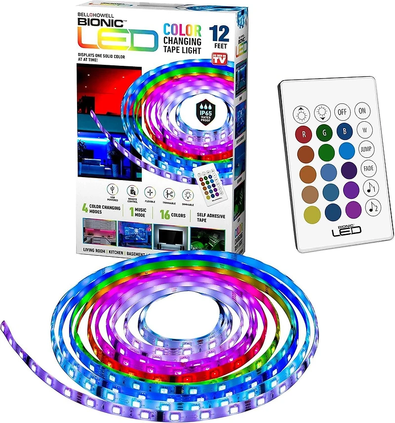 Lumière à ruban DEL Bell + Howell 10 po à changement de couleur pour chambre à coucher, 16 couleurs et 4 modes, avec télécommande Lumières LED