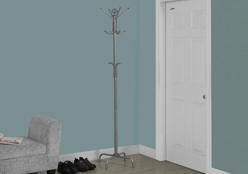 Monarch Specialties Coat Rack, Hall Tree, Free Standing, 12 Hooks, Entryway, 70"h, Bedroom, Metal, Grey, Contemporary, Modern