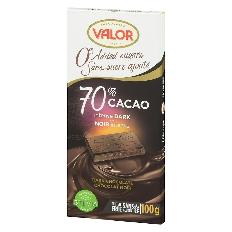 VALOR CHOCOLATE 70% Cacao No Sugar Added, 100G