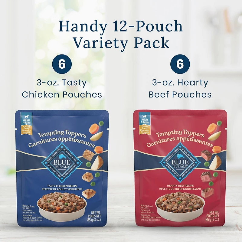 Blue Buffalo Tempting Toppers Assortiment de Nourriture Humide Naturelle pour Chiens, Poulet et Bœuf BLUE Tempting Toppers Bf/Plet, 12ct Variety Pack
