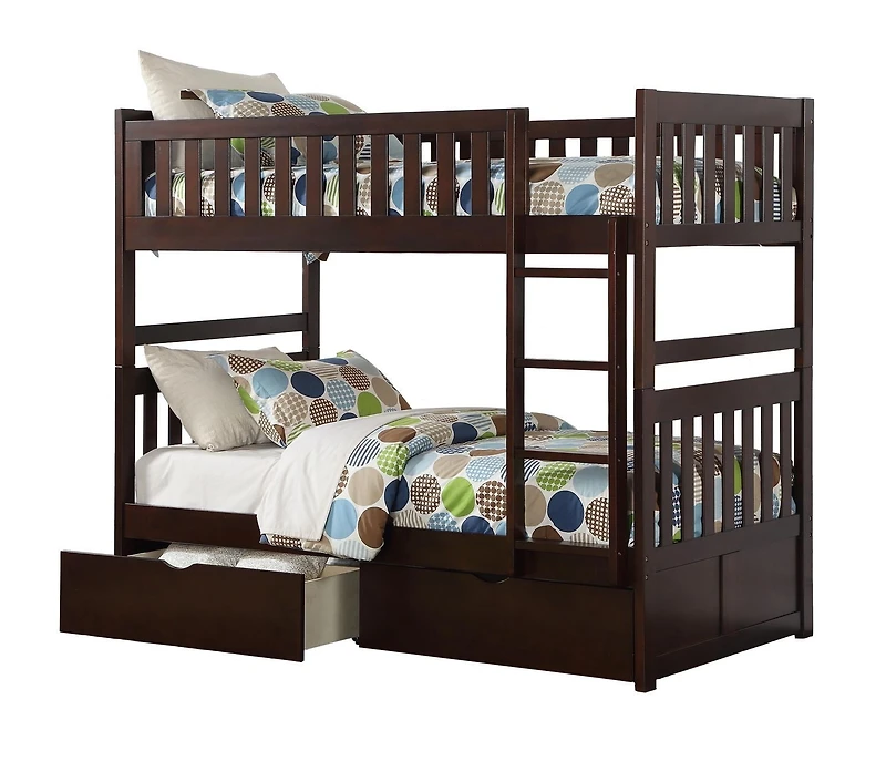 Topline Home Furnishings Twin/Twin Bunk Bed with Storage Boxes, Espresso