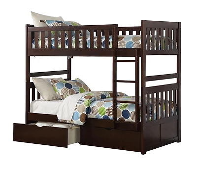 Topline Home Furnishings Twin/Twin Bunk Bed with Storage Boxes, Espresso
