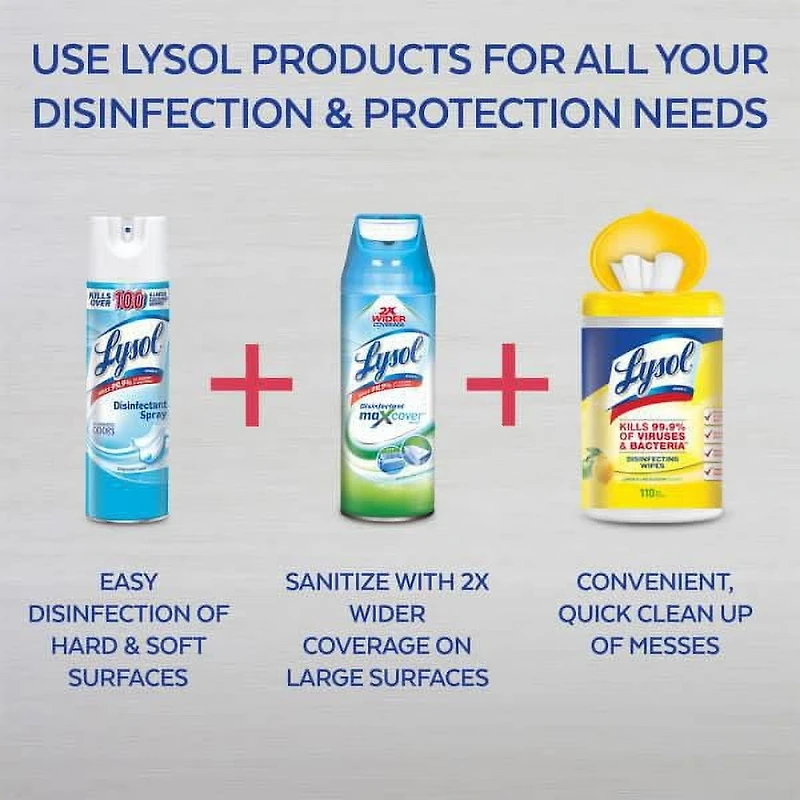 Spray Désinfectant Lysol, Linge frais, Désinfecte et élimine les odeurs sur les surfaces dures et les tissus 350g
