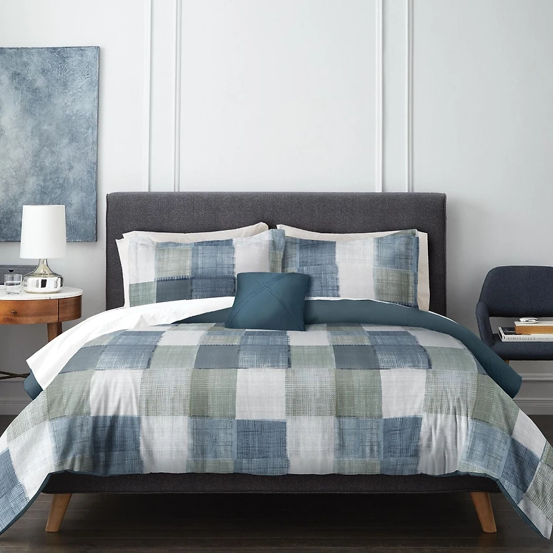 Wabasso 4pc Plaid Blue Check Double King Comforter Set
