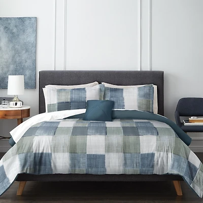 Wabasso 4pc Plaid Blue Check Double King Comforter Set