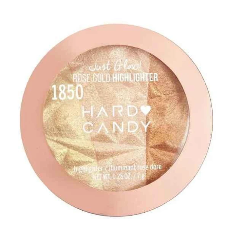 Hard Candy Enlumineur Just Glow, Poudre Compacte, Éclat Scintillant, Or Rose 3 teintes en 1