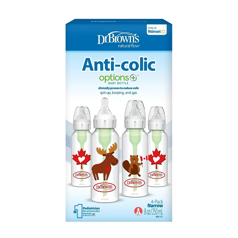 Dr. Brown's Anti-Colic Options+ Narrow Baby Bottle, 8oz / 250mL, Level 1 Slow Flow, Moose / Beaver, 0m+, 4 pack, 8 oz, 4 pack