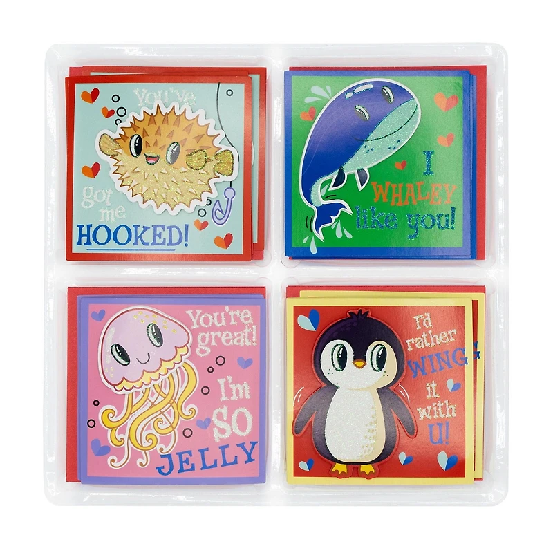 Assorted Valentines Kiddie Cards, 12 count with Envelopes (Blowfish, Whale, JellyFish, Penguin)