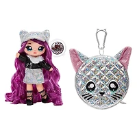 Na! Na! Na! Surprise 2-in-1 Soft Fashion Doll and Metallic Purse Glam Series - Chrissy Diamond, Purple Hair Doll in Black and Silver Outfit with Silver Holographic Iridescent Cat Purse
