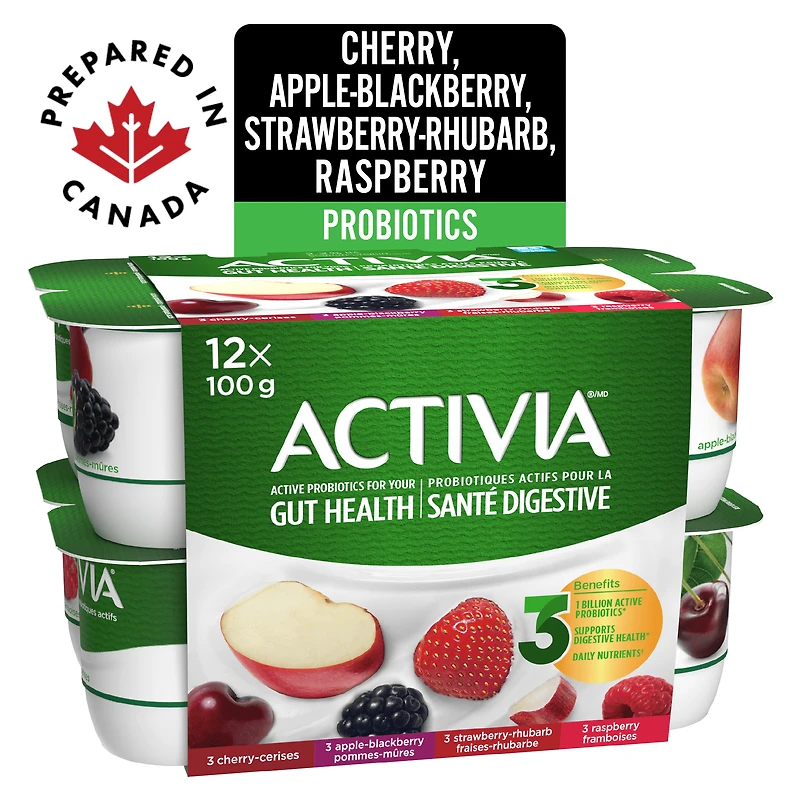 Activia Probiotic Yogurt, Apple-Blackberry/Raspberry/Cherry/Strawberry-Rhubarb, 12 x 100g