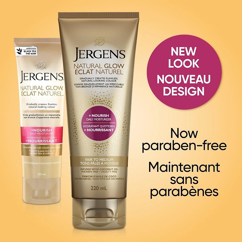 Jergens Natural Glow +Nourish Daily Moisturizer & Gradual Sunless Self Tanning Body Lotion for Dry Skin, Fair to Medium Shade, 220 mL