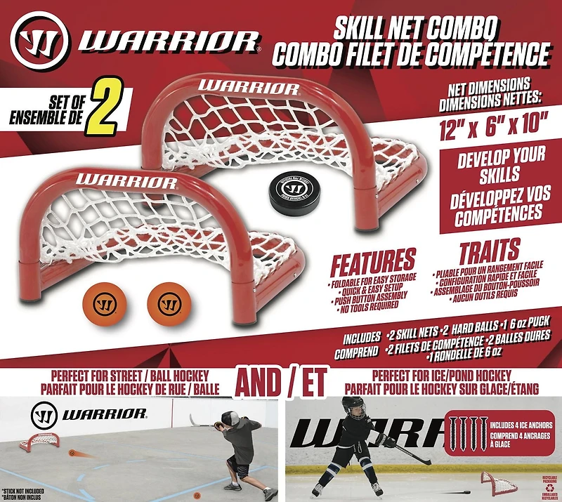 Ensemble de filets de compétence Warrior - 2 filets, 1 rondelle de hockey sur glace et 2 balles de hockey de rue