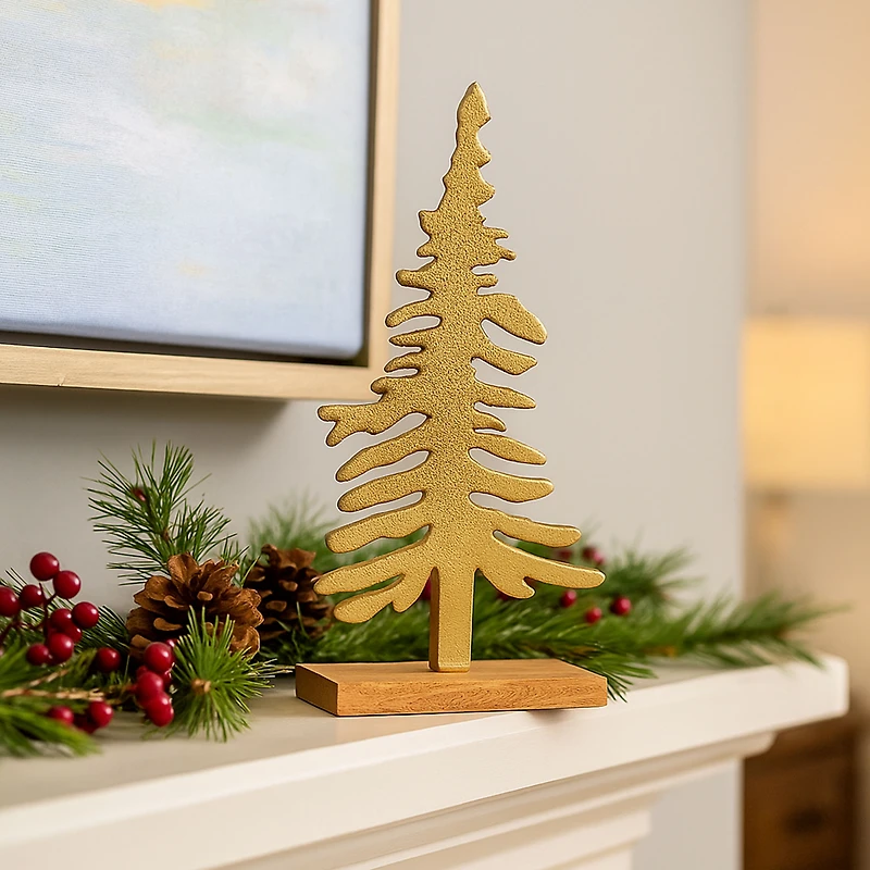 Sapin de Noël en aluminium coulé avec base en bois, décoration de table, doré, 12,5 pouces, par Holiday Time