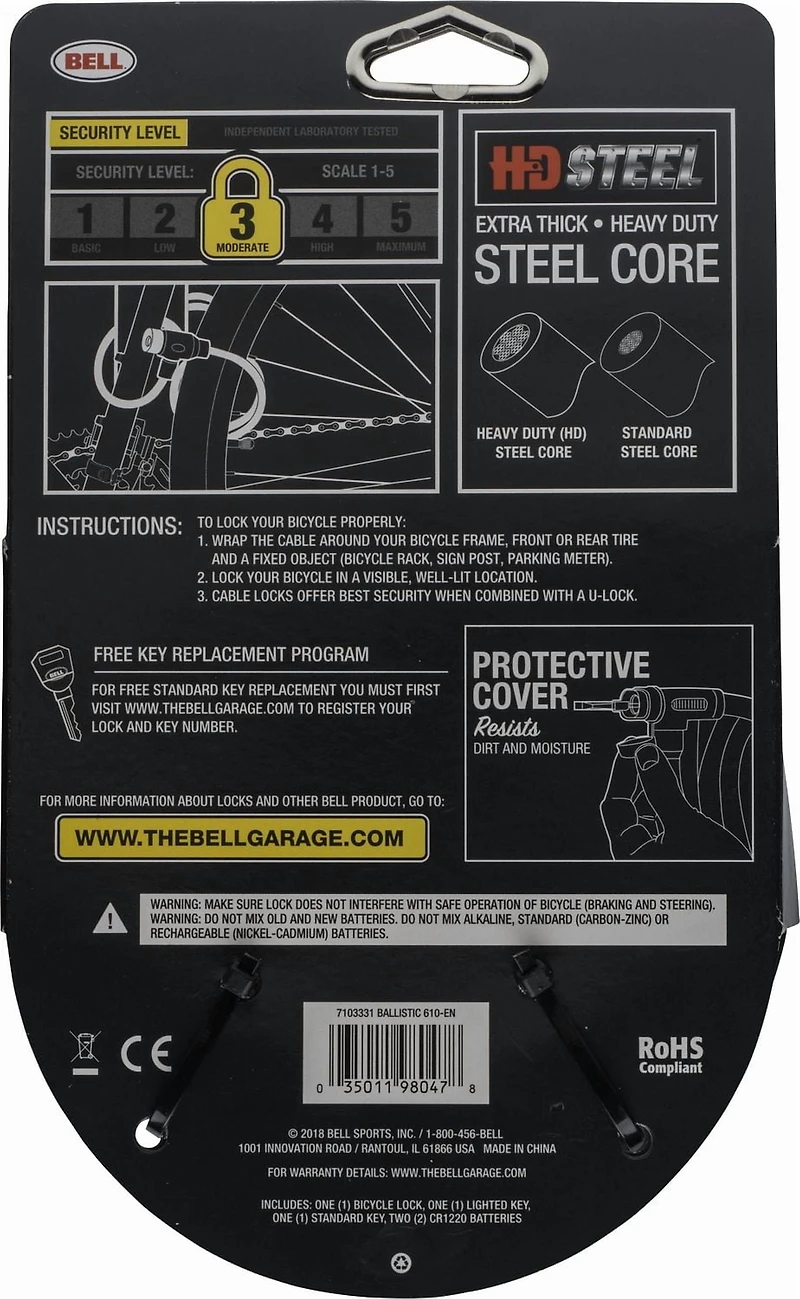 Câble de verrouillage à clé pour vélo Ballistic 610 de Bell Sports Câble de verrouillage en acier
