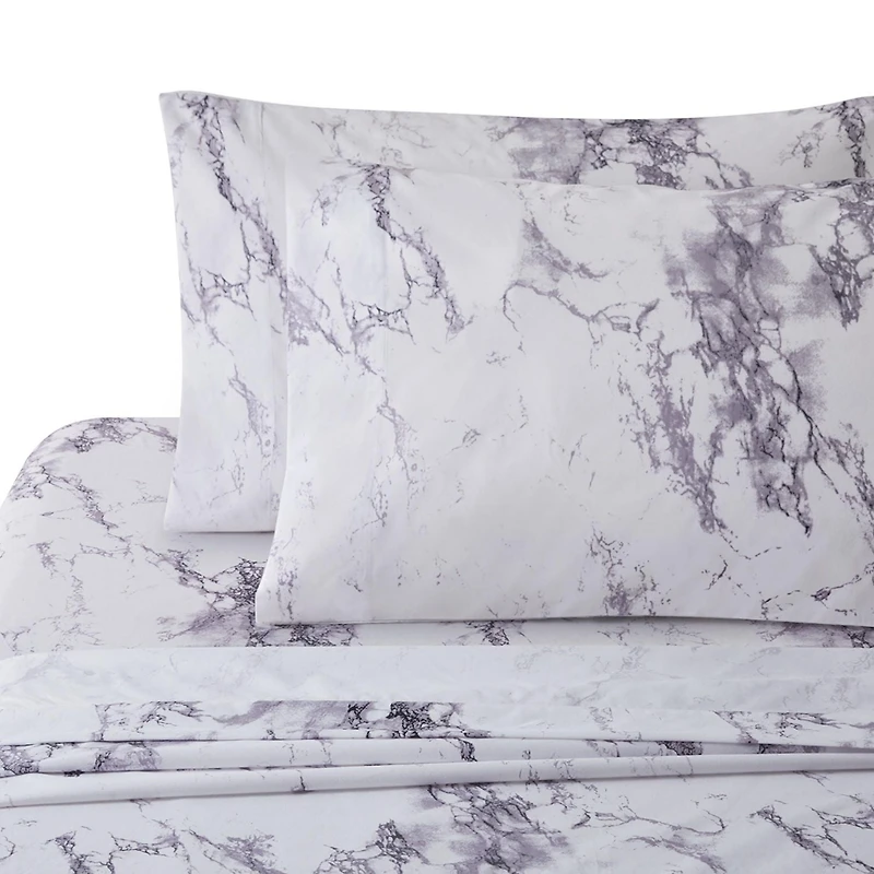Marina Decoration Printed 600 Thread Count Soft Deep Pocket Hotel Standard Long Staple Cotton Blend Percale All Season Bedding Sheet Set, White Marble Pattern