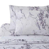 Marina Decoration Printed 600 Thread Count Soft Deep Pocket Hotel Standard Long Staple Cotton Blend Percale All Season Bedding Sheet Set, White Marble Pattern