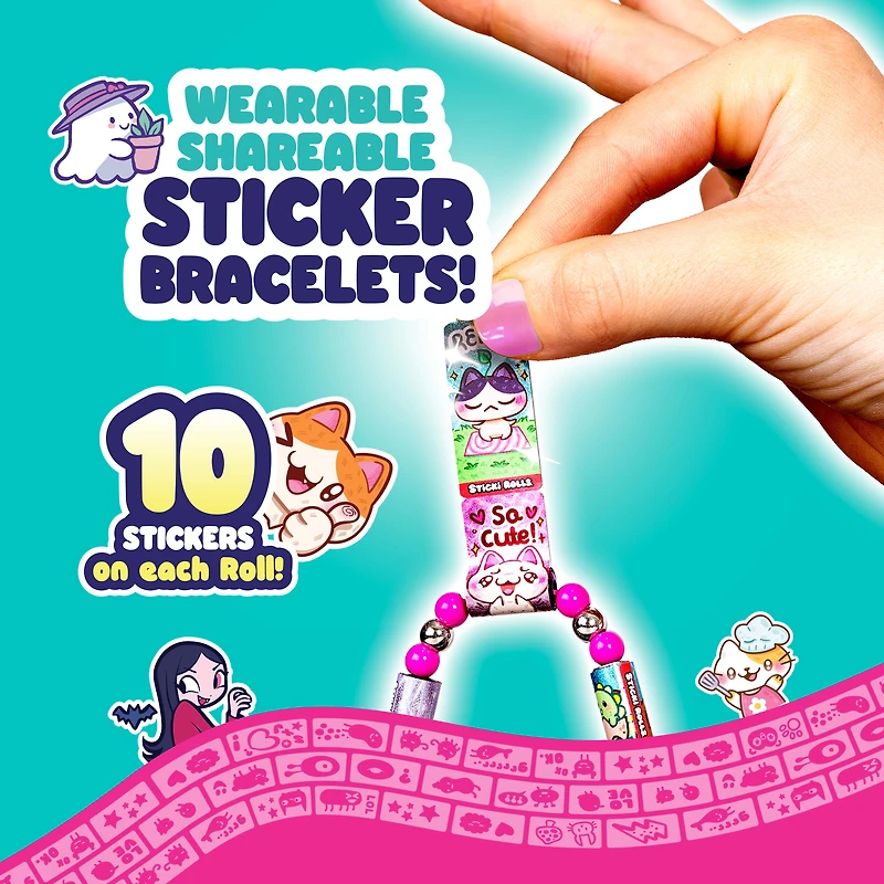 Sticki Rolls Sticki Book - Wearable & Shareable Sticker Bracelet + Collection Book - 120 Mini Stickers - 50 Activity Pages - 1000+ Sticker Designs
