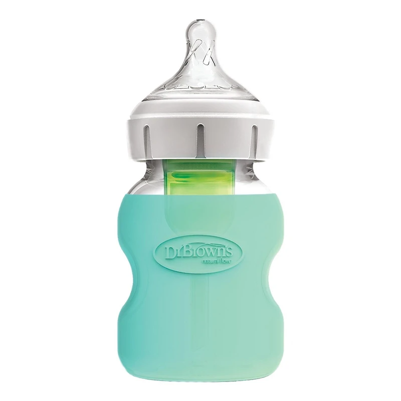 Dr. Brown's Options+ Anti-Colic Wide-Neck Glass Baby Bottles with Silicone Sleeves - Blue and Mint Green