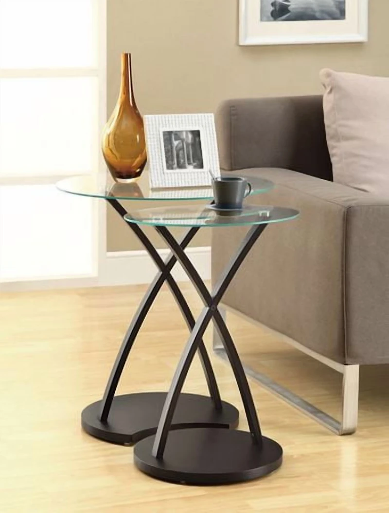 Monarch Specialties Tables Gigognes, Lot De 2, Côté, Bout, Accent, Salon, Chambre À Coucher, Bois, Verre Trempé, Brun, Dégager, Contemporain, Moderne