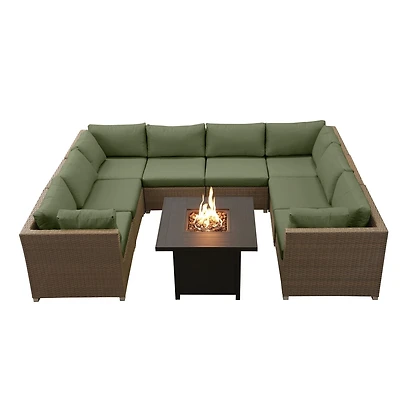 Chambers Bay Collection Ensemble de conversation de patio en aluminium 9 pièces avec coussins verts et table à feu carrée