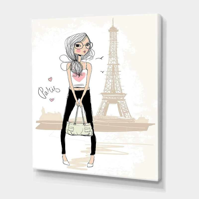 Designart Jolie fille près de la Tour Eiffel à Paris Art mural sur toile