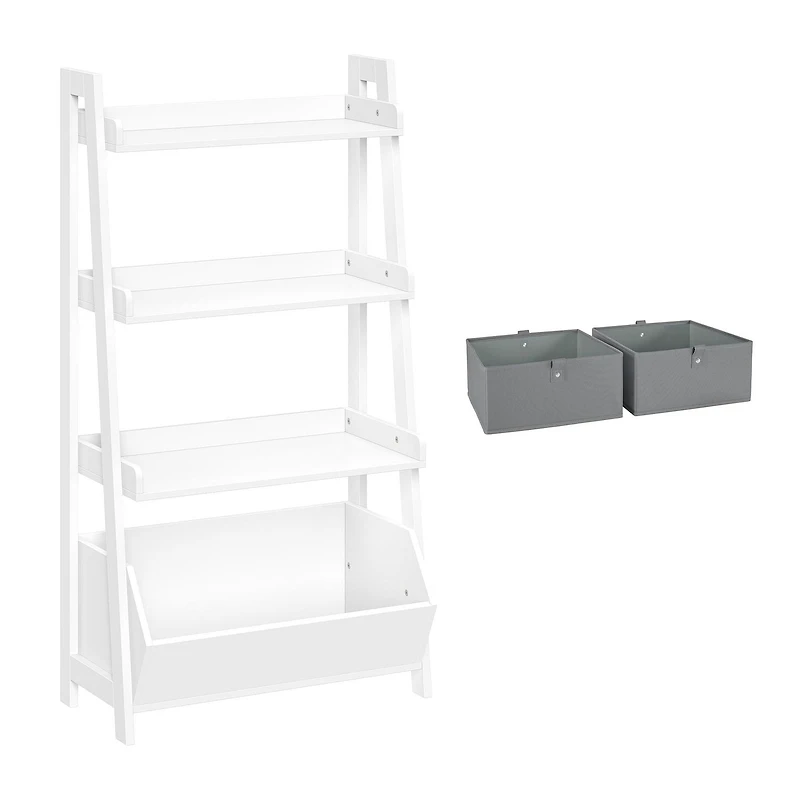 Kids 4-Tier 24in Ladder Shelf with Toy Organizer and 2pc Gray Bins
