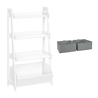 Kids 4-Tier 24in Ladder Shelf with Toy Organizer and 2pc Gray Bins
