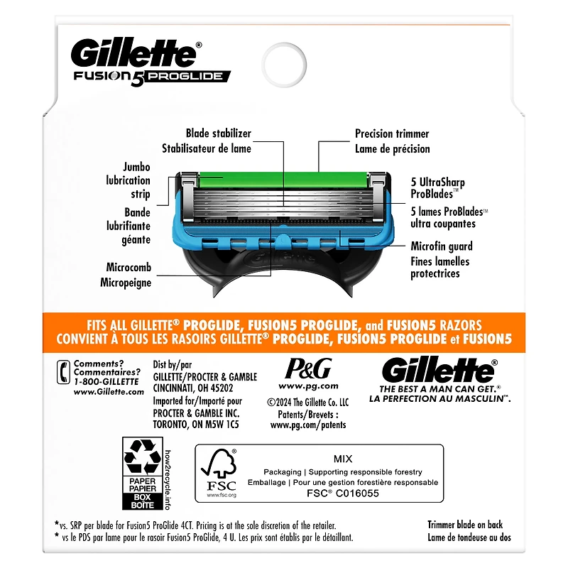 Cartouches de rechange de rasoir Gillette Fusion5 ProGlide pour hommes de rasoir pour manche de rasoir Flex-pivot, cartouches à 5 lames de rasoir, lame de précision pour hommes