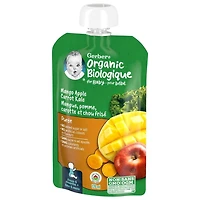 Purée GERBER® Biolog. Mangue Pomme Carotte Chou Frisé, alim. bébé 128 mL
