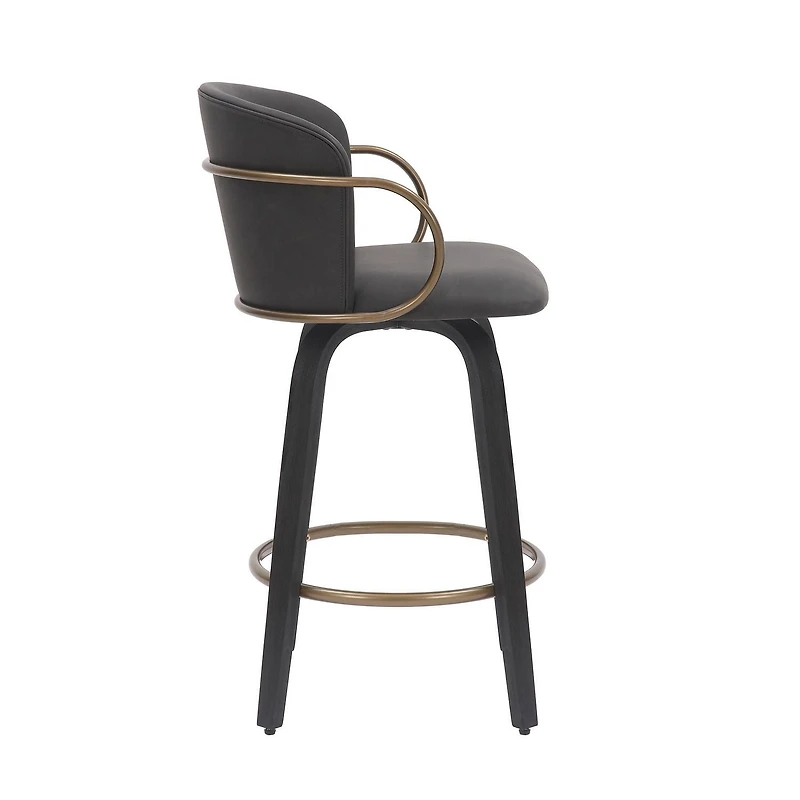 Mid-Century Faux Leather, Wood and Metal 26" Counter Stool with Swivel, Set of 2 - Charcoal, Black and Aged Gold